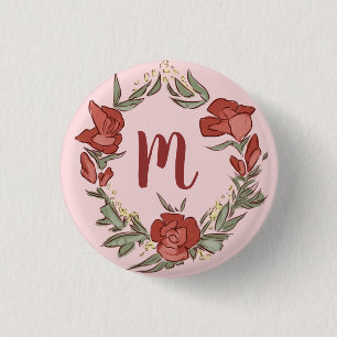 Pretty Rosebud Blossom Wreath Modern Monogram 3 Cm Round Badge