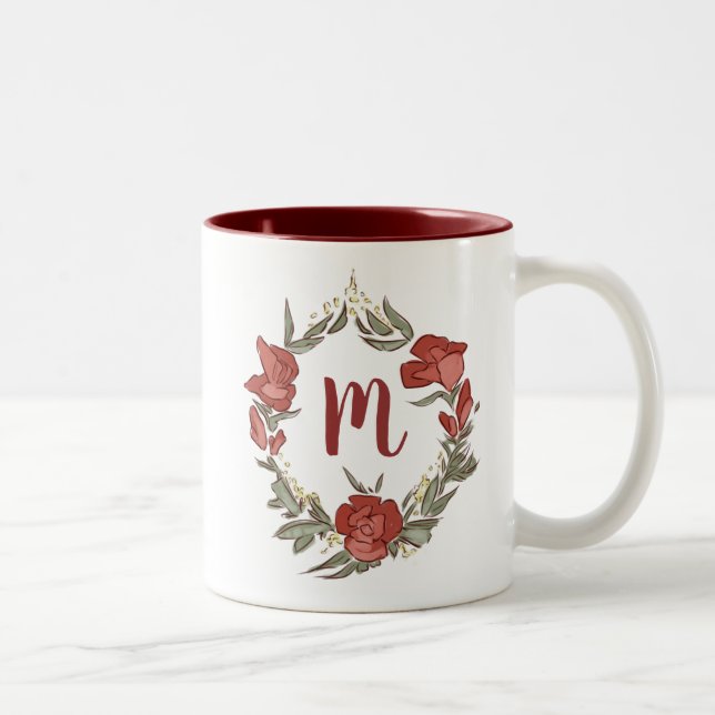 Pretty Rosebud Blossom Wreath Modern Monogram Two-Tone Coffee Mug (Right)