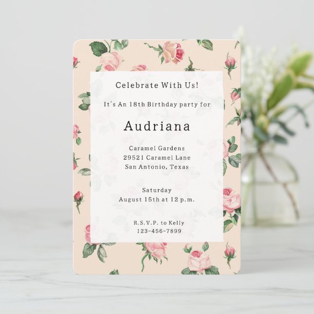 Pretty Roses Floral Pink Peach Cream Birthday Invitation (Standing Front)