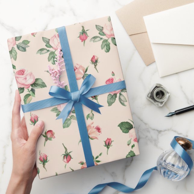 Pretty Roses Floral Pink Peach Cream Bridal Shower Wrapping Paper (Gifting)