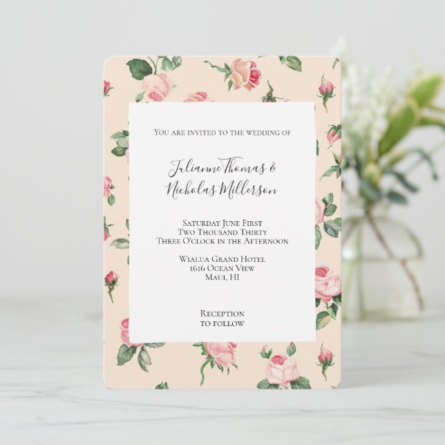 Pretty Roses Floral Pink Peach Cream Wedding Invitation (Standing Front)