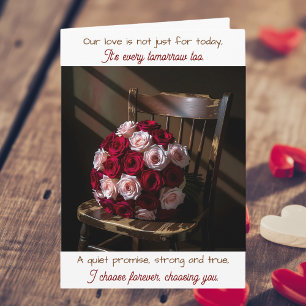 Pretty Roses on a Rustic Chair Anniversary Card