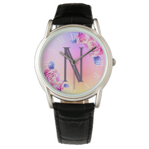 Pretty Roses Pink Ombre Flowers Golden Monogram Watch