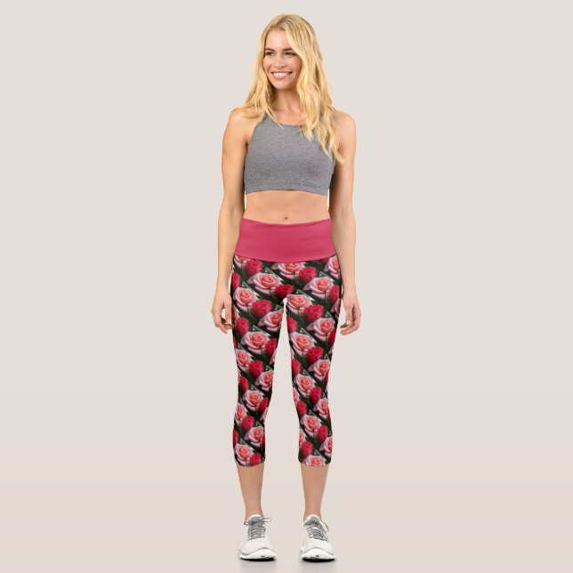 Pretty Roses Pink Red Floral Pattern Capri Leggings (Front)