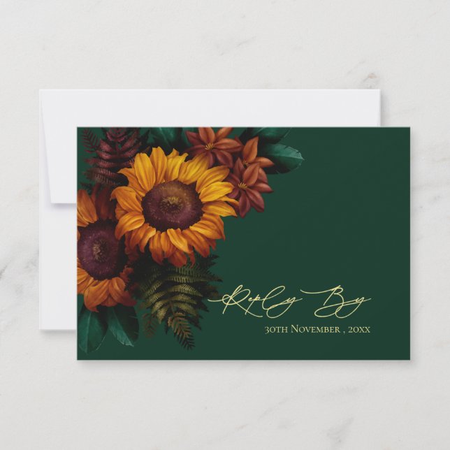 Pretty Rustic Autumn Green Sunflower Fall Wedding RSVP Card (Front)