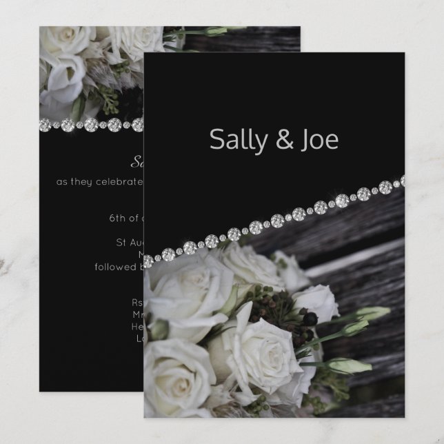Pretty Rustic Floral Diamond Wedding Black Invitation (Front/Back)