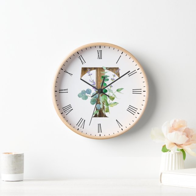 Pretty Rustic Letter T Wood Frame Clock (Home)