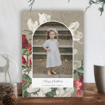 Pretty Rustic Winter Florals Photo Arch Christmas  Holiday Card<br><div class="desc">This beautiful holiday photo card features a design of painted flowers (apple blossoms) in red, white, and green over a burlap like background. Your photo stands out in an arch shaped frame. Easy to personalize for stylish cards to sent to family and friends! The back contains more text templates for...</div>