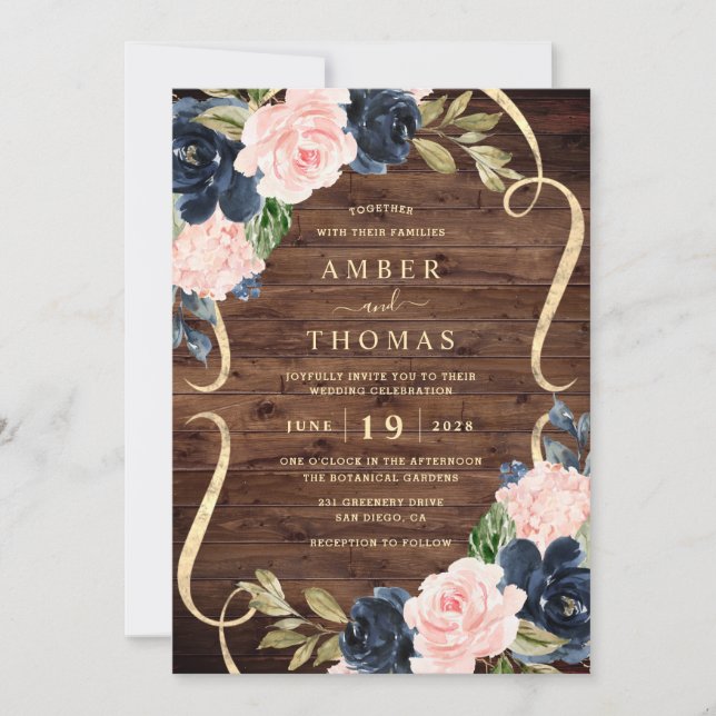 Pretty Rustic Wood Blush Navy Floral Wedding Invitation (Front)