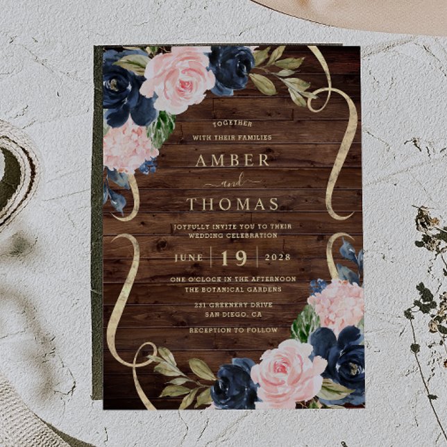 Pretty Rustic Wood Navy Blush Floral Wedding Invitation (Creator Uploaded)