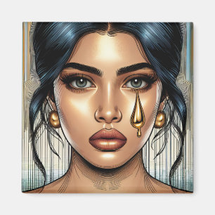 Pretty Sad Woman with Gold Tear Magnet