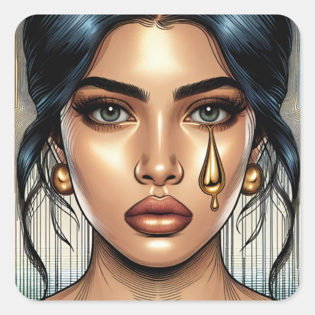 Pretty Sad Woman with Gold Tear Square Sticker (Front)