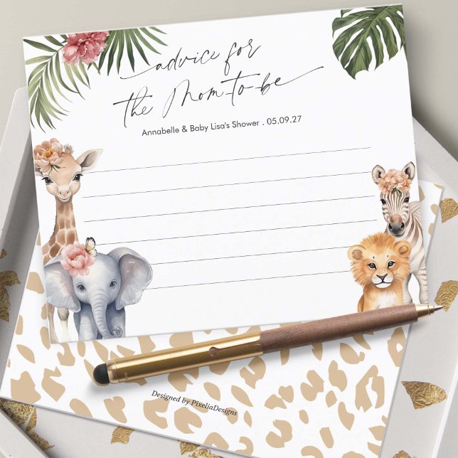 Pretty Safari Cute Animals Advice for mummy cards (Baby Girl Shower Safari Themed Advice for the mom-to-be cards.)