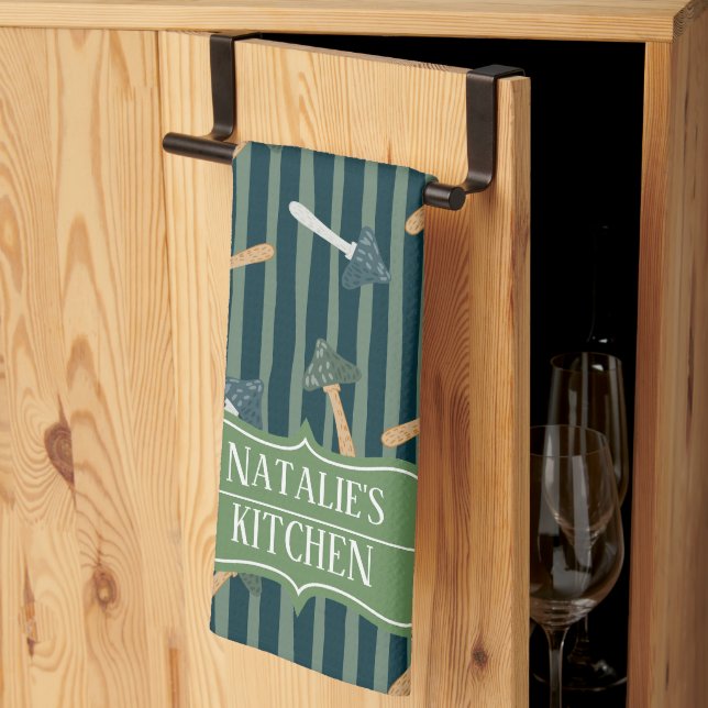 Pretty sage green monogram mushroom pattern retro tea towel (Thirds Fold)