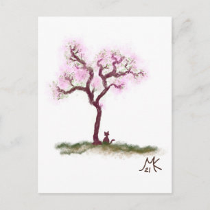 Pretty Sakura Tree with Small Cat Postcard