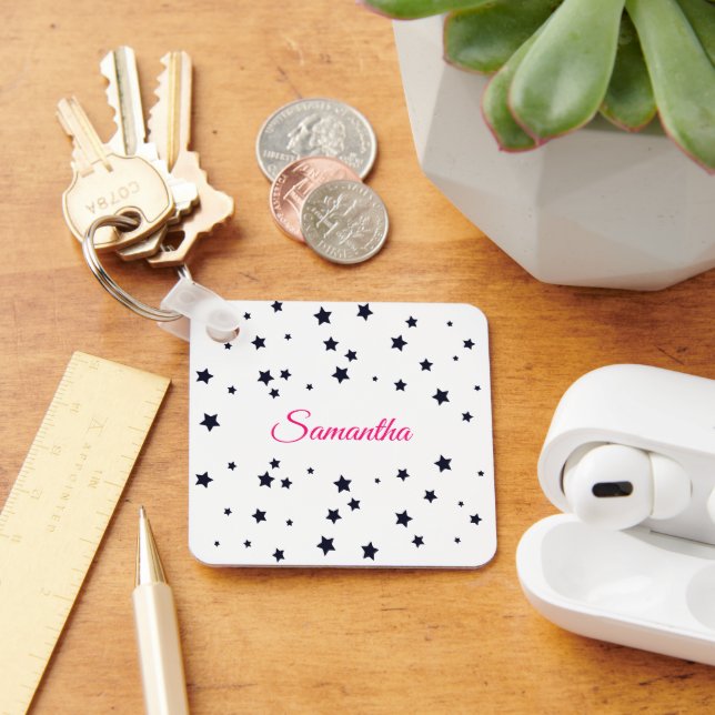 Pretty Scattered Stars & Pink Script Name  Key Ring (Desk)