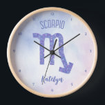 Pretty Scorpio Astrology Sign Personalised Purple Clock<br><div class="desc">This pretty purple and lavender Scorpio clock features your astrological sign from the Zodiac in a beautiful sparkle like the constellations. Customise this cute gift with your name in cursive script for someone with a birthday in  late October or early November birthday.</div>