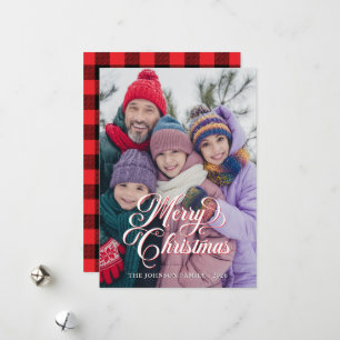 Pretty Script Black and Red Buffalo Plaid Photo Holiday Card
