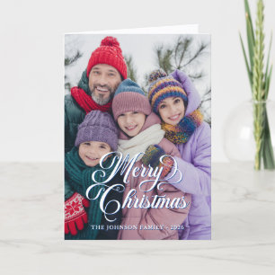 Pretty Script Black Deep Blue Buffalo Plaid Photo Holiday Card