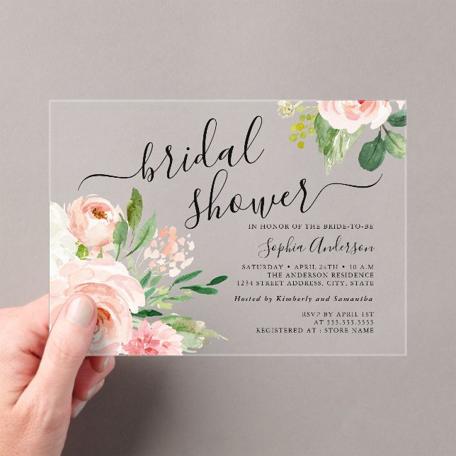 Pretty Script Blush Floral Bridal Shower Acrylic Invitations (Insitu (Handheld))