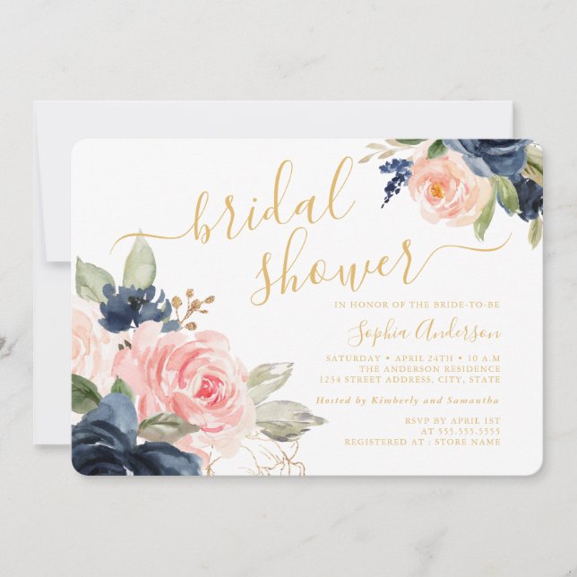 Pretty Script Blush Navy Gold Floral Bridal Shower Invitation (Front)