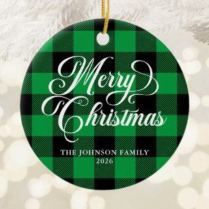 Pretty Script Green and Black Buffalo Plaid Photo Ceramic Tree Decoration