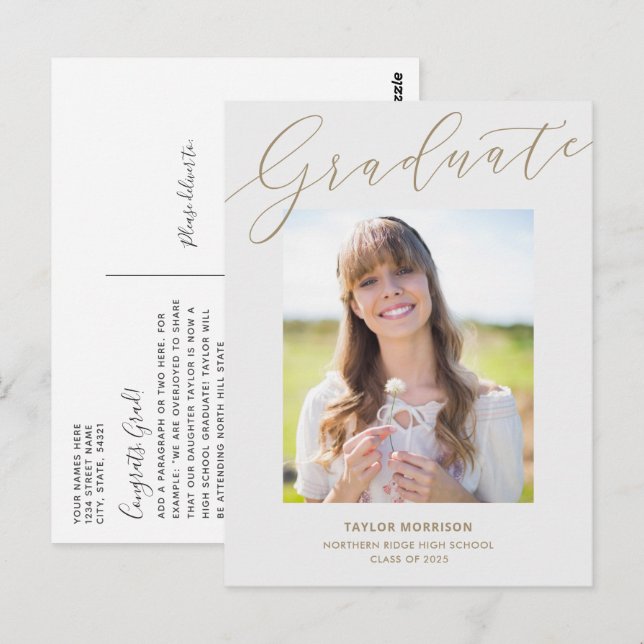 Pretty Script Grey & Gold 2025 Photo Graduation Postcard (Front/Back)