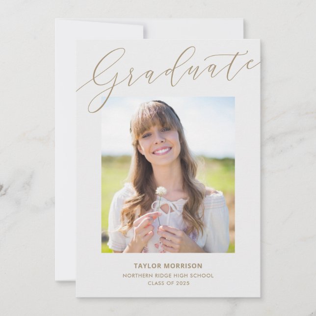 Pretty Script Grey & Gold Photo Graduation Party Invitation (Front)