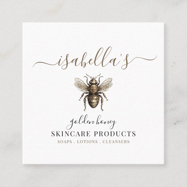 Pretty Script Signature Gold Bee Skincare Products Square Business Card (Front)