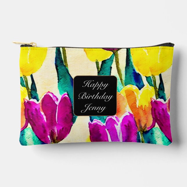 Pretty script tulips garden Yellow Beige Accessory Pouch (Front)