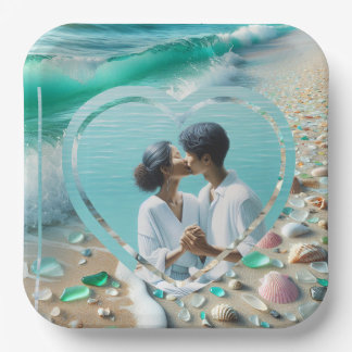 Pretty Sea Glass Photo Wedding Paper Plate