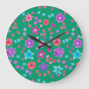 Pretty Sea Green Flower-Power Round Wall Clock