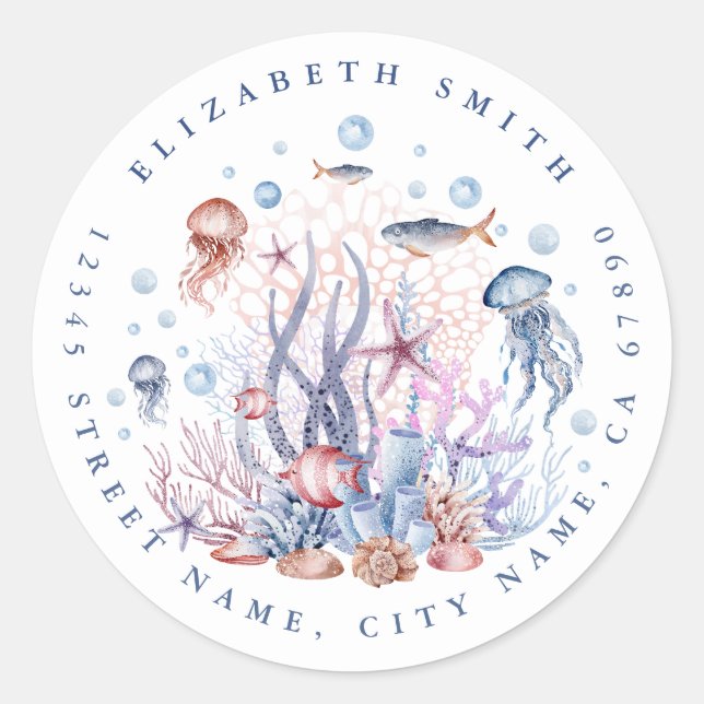 Pretty Sea Life Round Address Stickers (Front)