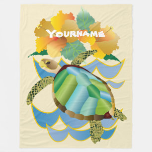 Pretty Sea Turtle Tropical Yellow Hibiscus Flowers Fleece Blanket