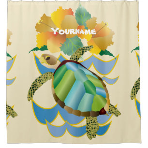 Pretty Sea Turtle Tropical Yellow Hibiscus Flowers Shower Curtain