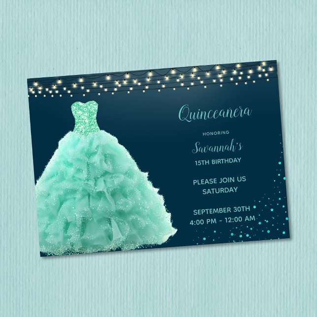 Pretty Seafoam Green Gown Under Lights Quinceanera Invitation (Creator Uploaded)
