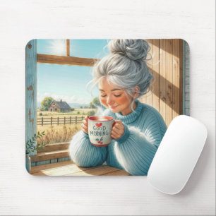 Pretty Senior Lady Drinking Coffee Mouse Pad