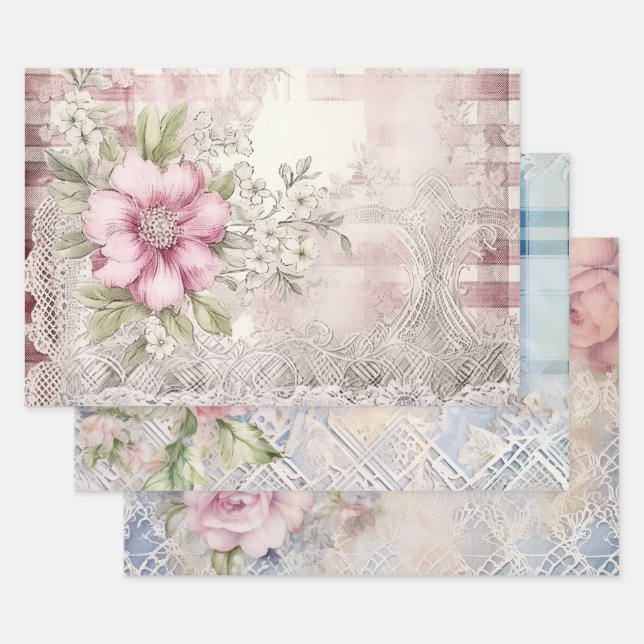 Pretty Shabby Chic Christmas Floral Tartan Mix Wrapping Paper Sheet (Set)