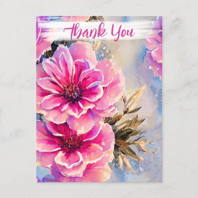 Pretty Shabby Chic Pink Flowers Floral Thank You Postcard (Front)