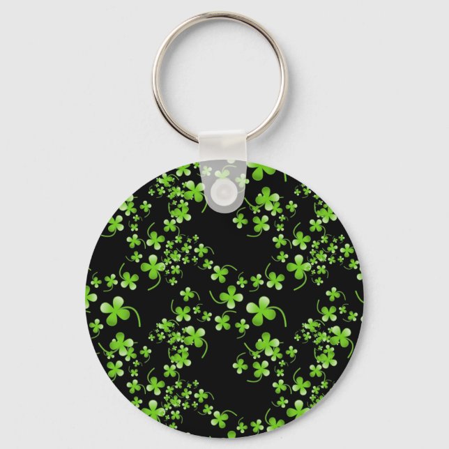 Pretty Shamrock pattern, green on black accessory Key Ring (Front)