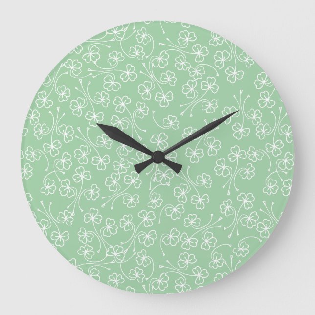 Pretty Shamrocks White Outlines, Green Wall Clock (Front)