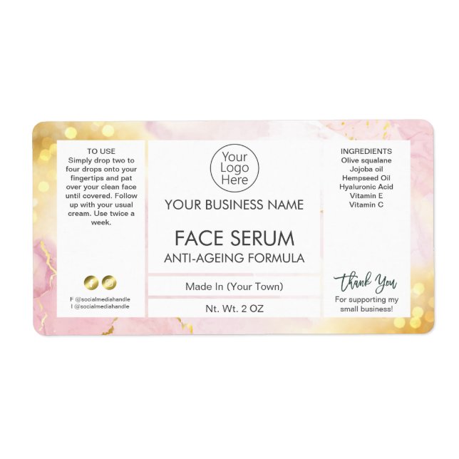 Pretty Shimmering Pink Gold Hair Face Serum Label (Front)