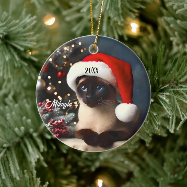 Pretty Siamese Cat in a  Santa Hat Christmas Ceramic Tree Decoration (Tree)