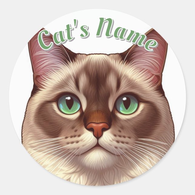 Pretty Siamese Long-haired Cat • Add a Name Classic Round Sticker (Front)