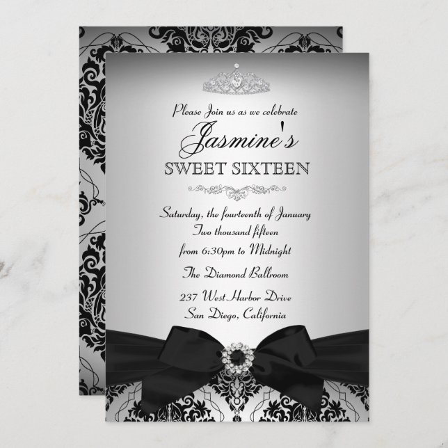 Pretty Silver Black Damask Sweet 16 Invitation (Front/Back)