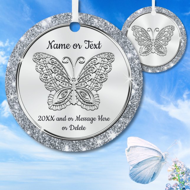 Pretty Silver, Butterfly Christmas Tree Ornaments (Butterfly Christmas Ornament. Butterfly Memorial Ornament. Personalized Butterfly Ornaments. Gifts.)