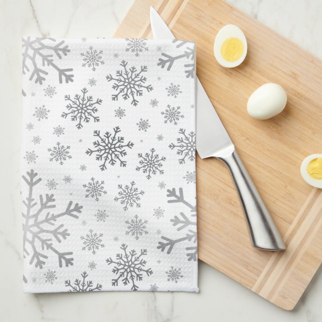 Pretty Silver Christmas Snowflakes on Winter White Tea Towel (Quarter Fold)