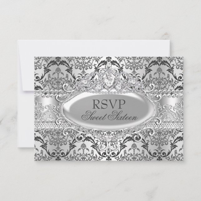 Pretty Silver Damask Sweet 16 RSVP Invitation (Front)