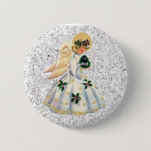 Pretty Silver Glittery Angel Christmas Button