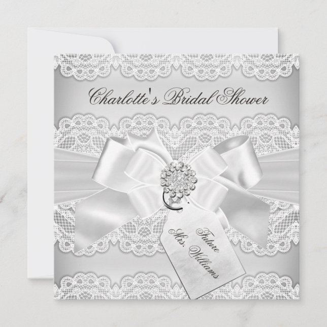 Pretty Silver Lace & Bow Bridal Shower Invitation (Front)